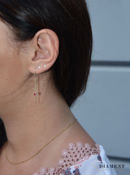 Eleganckie, złote kolczyki przeciągane w kształcie serduszek z różową cyrkonią Kolczyki wiszące dla dziewczynki. Idealne na prezent dla ukochanej.  (1).JPG